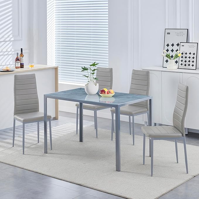PU Dining Chairs Set of 4, Modern Kitchen & Dining Room Chairs Faux Leather Upholstered Dinner Chairs with Metal Legs for Small Space (Gray, Horizontal line)