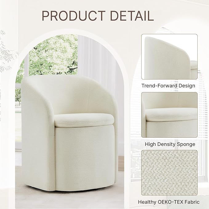 Upholstered Dining Chairs with Casters, No Assembly Rolling Modern Dining Room Chairs with Hidden Storage & Barrel Backrest, Accent Chair for Bedroom, Living Room, Dressing, Linen, Set of 1