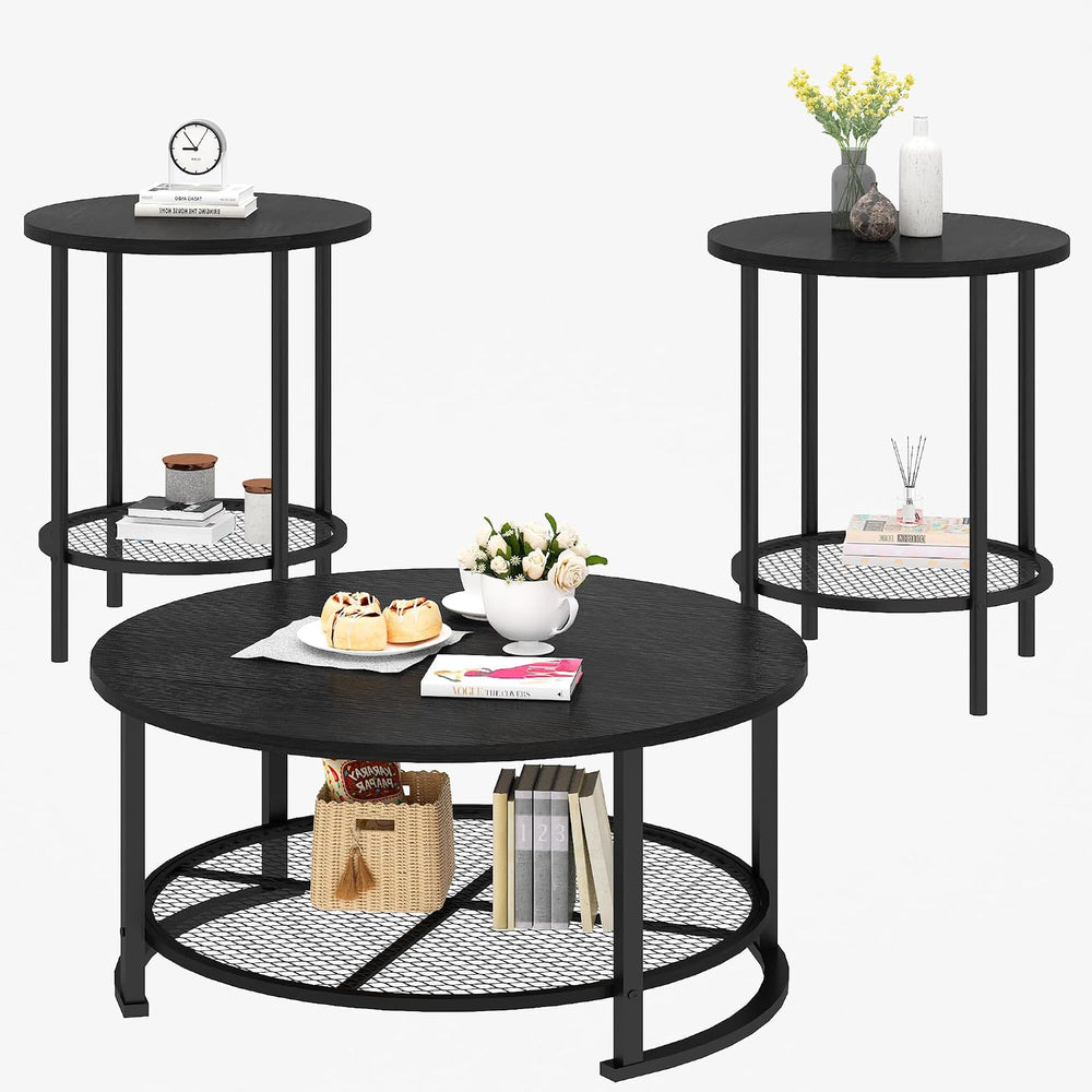 Recaceik Round Coffee Table and End Table Set of 3 with Storage, Modern Vinta...