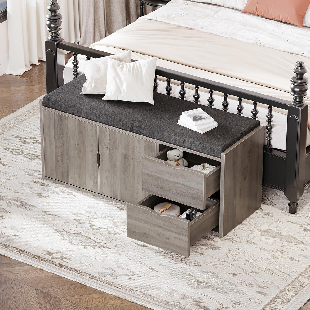 LVB 2-Tier Storage Bench with Padded Cushion, Entryway Shoe Bench with 2 Draw...