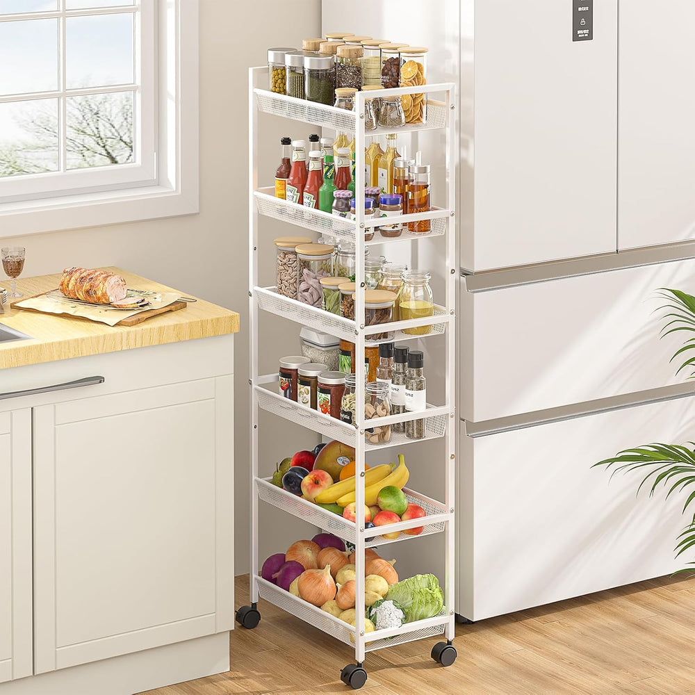 6 Tier Slim Rolling Storage Cart, Narrow Mobile Shelving Unit Organizer Utili...