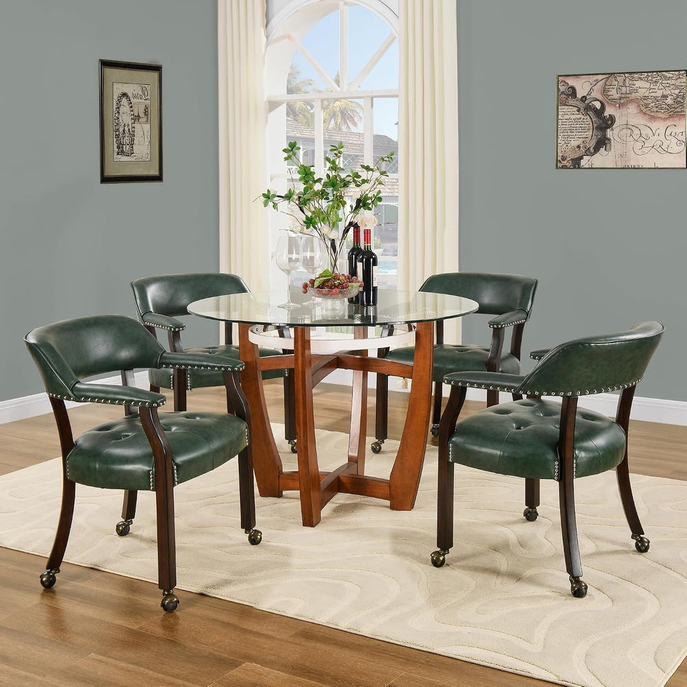 Set of 6 Dining Leather ArmChairs with Casters,Green PU, 360° Move | Accent K...