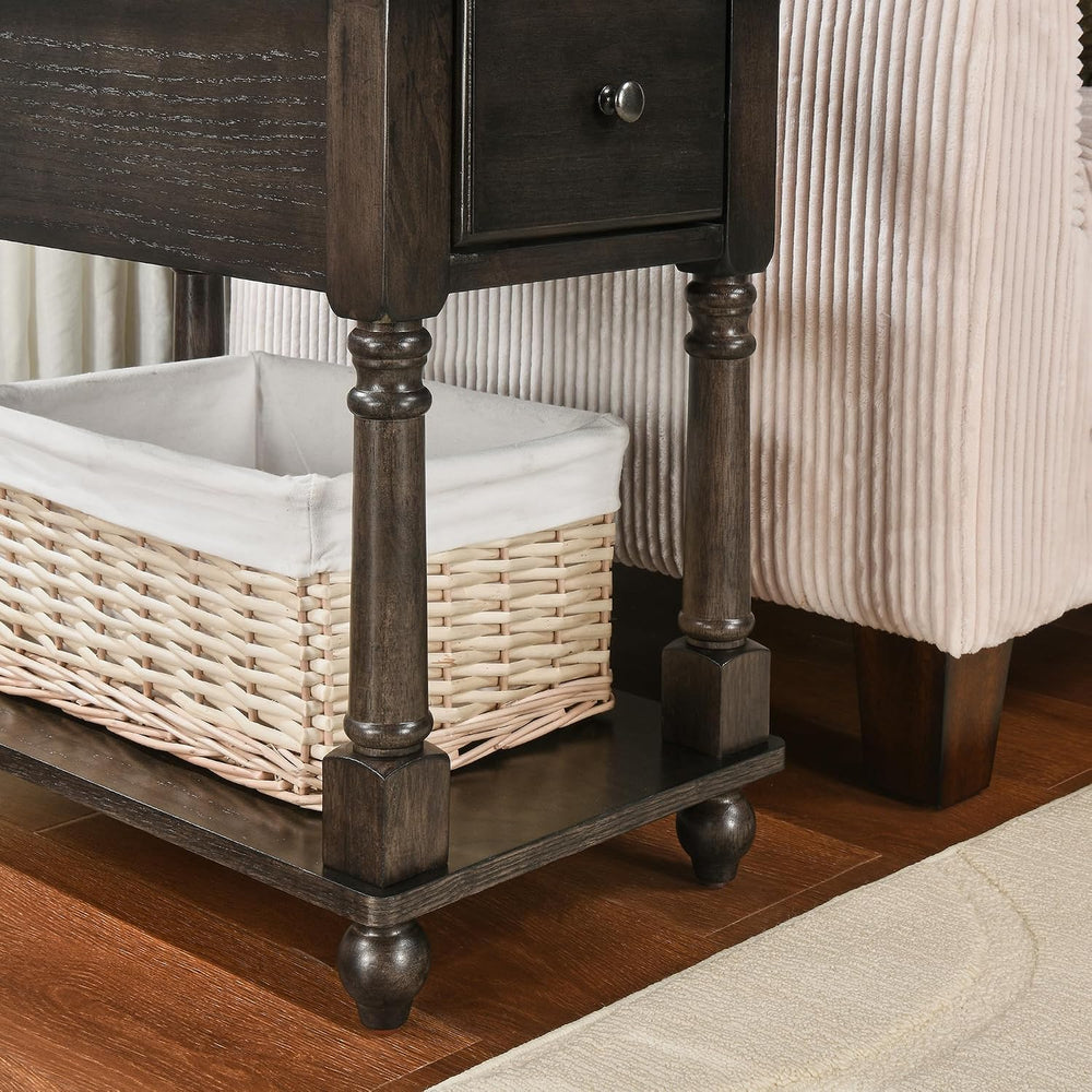 Narrow End Side Table with Drawer and Storage Shelf Set of 2, Solid Wood Sofa...