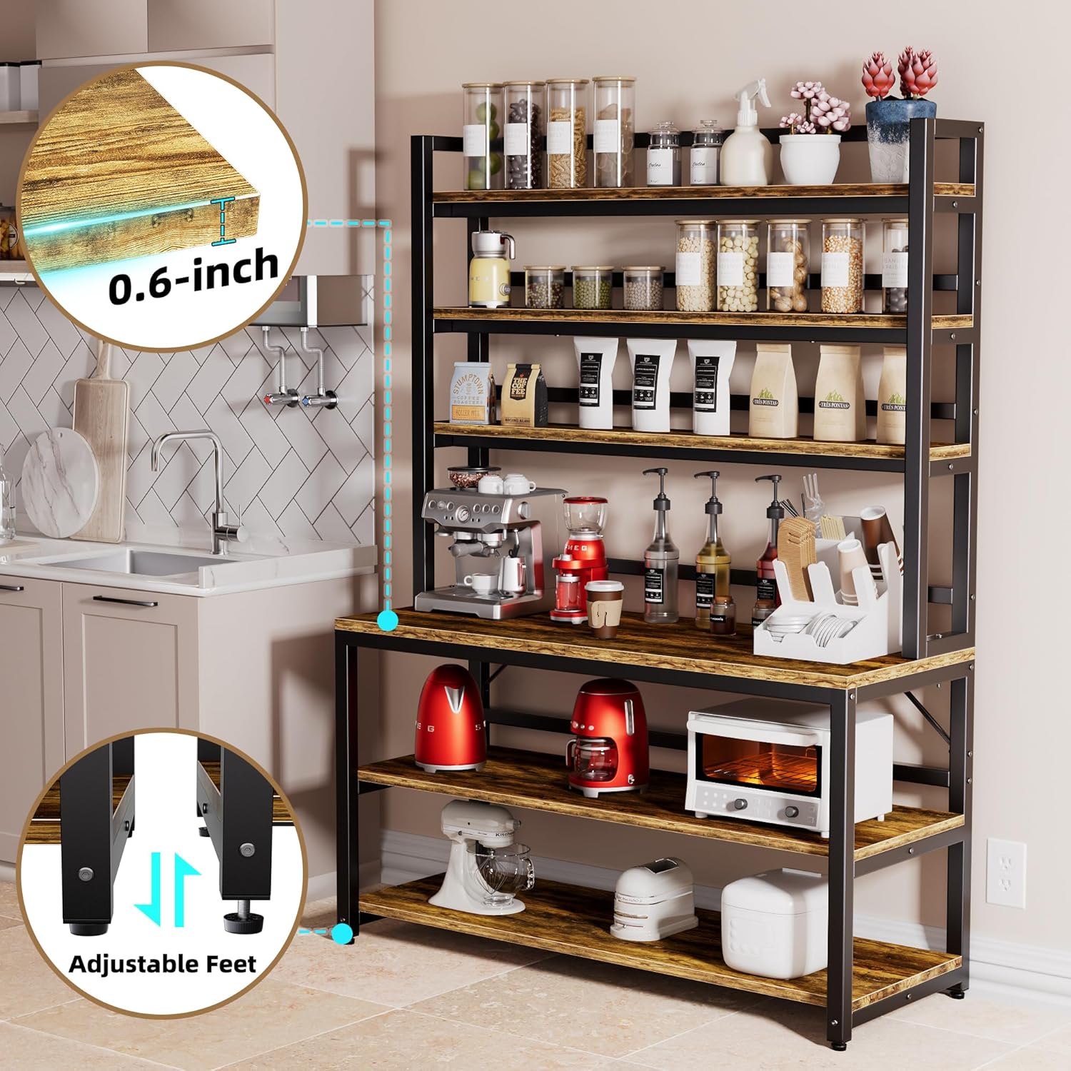 Bakers Racks for Kitchens with Storage, 6 Tiers Large(47.2“W x 15.7”D x 70.8" H) Kitchen Stand with Hutch, Freestanding Organizer with Shelves,Rustic Brown