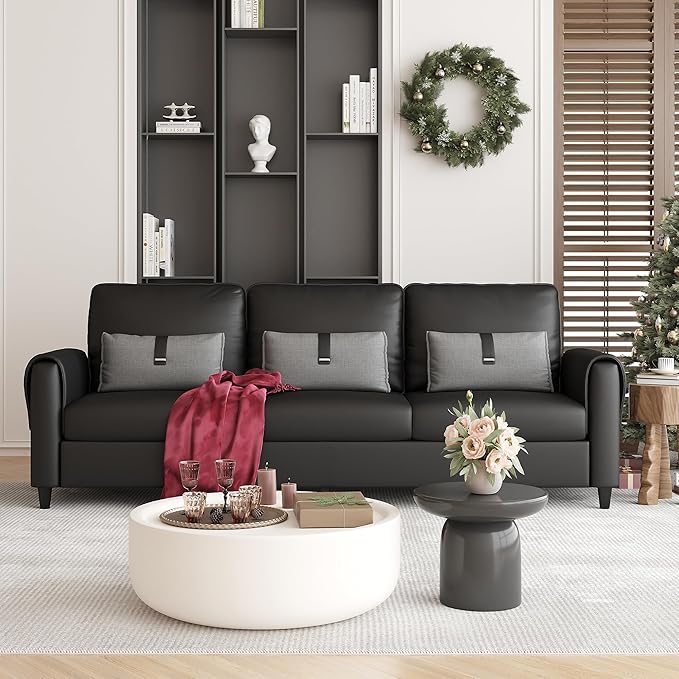 STHOUYN 88” Faux Leather Couch for Living Room, Black Office Couch Small Space, Comfy 3 Seater Couches Leather Sofa with High Backrest (Black)