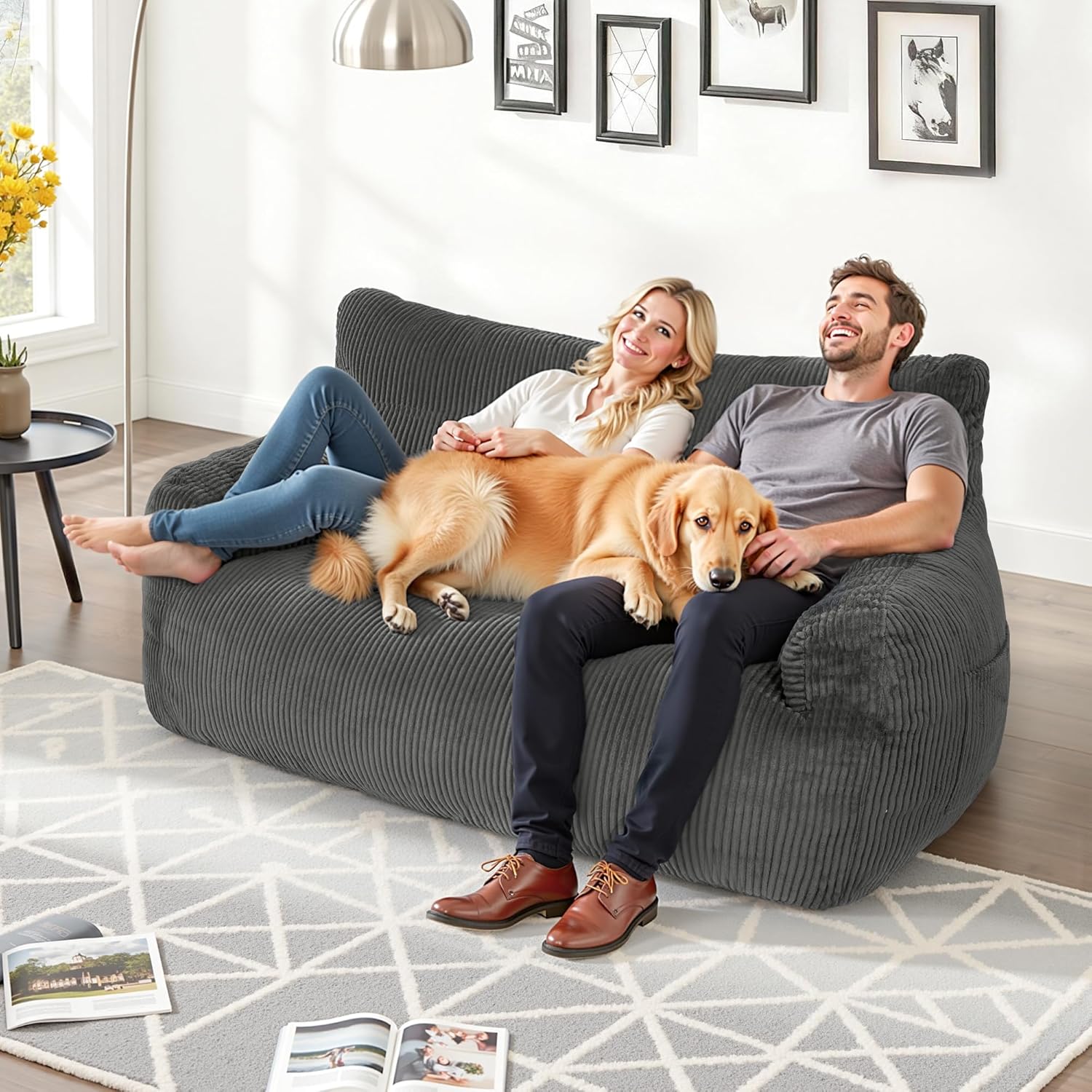 Pamapic 59 Inch 2-Seater Corduroy Bean Bag Chair,Loveseat Sofa with Ultra Soft Fluffy Cover, 72H High Resilience Foam Sofa Bed for Adults, Suitable for Living Room, Bedroom,Grey