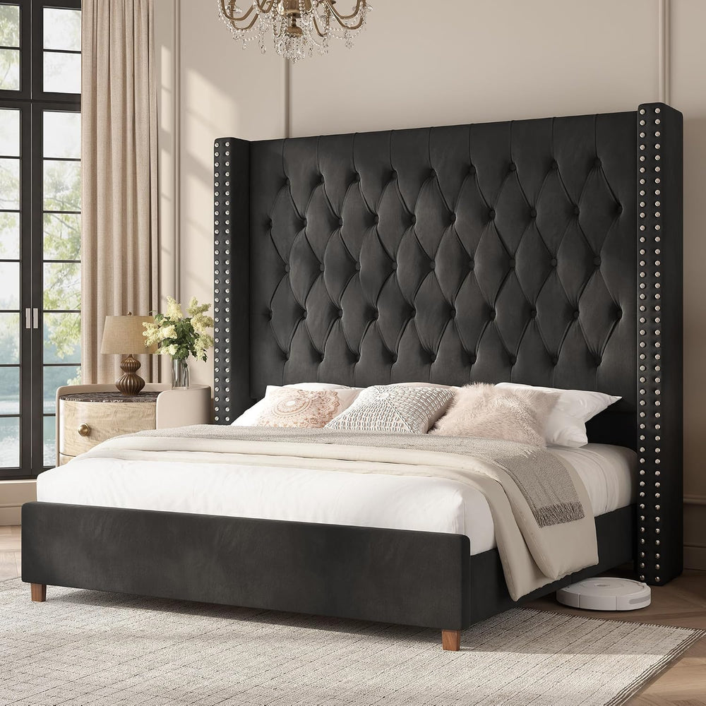 PaPaJet Queen Bed Frame 61.4" Tall Upholstered Wingback Headboard, Black