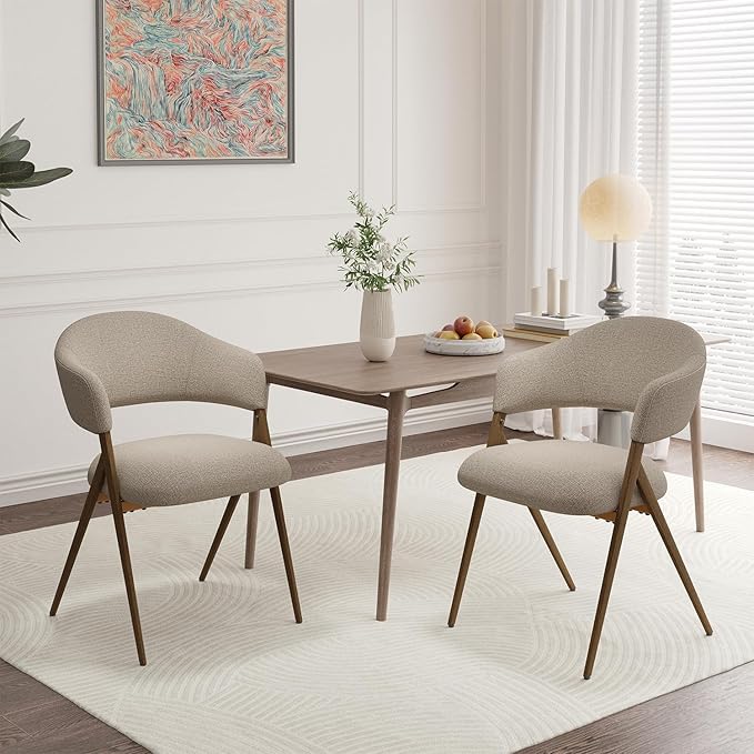 Dining Room Chairs Set of 2, Upholstered Dining Room Chairs, Mid Century Fabric Kitchen Chairs with Curved Backrest and Metal Legs, Taupe