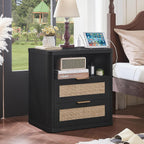 LEYAOYAO Rattan Nightstands Set of 2 with Charger Station, 23" Wide Boho Night Stand with 2 Drawers, Black Bedside Table Open Shlef, Bed Side End Table Dresser for Bedroom, Living Room Hallway
