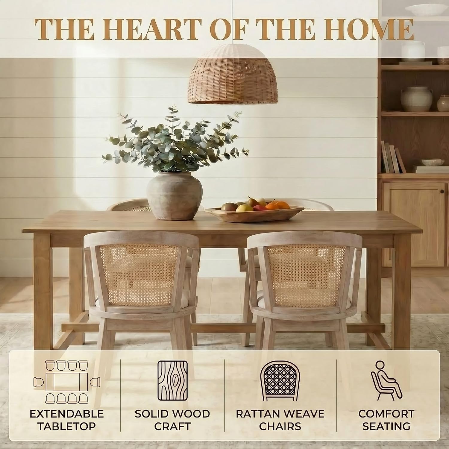 9-Piece Farmhouse Dining Table Set for 8, 59"-94" Extendable Kitchen Table & Upholstered Chairs, Solid Wooden Table with Woven Ratten Chair Living Room Restaurant - Natural/Natural