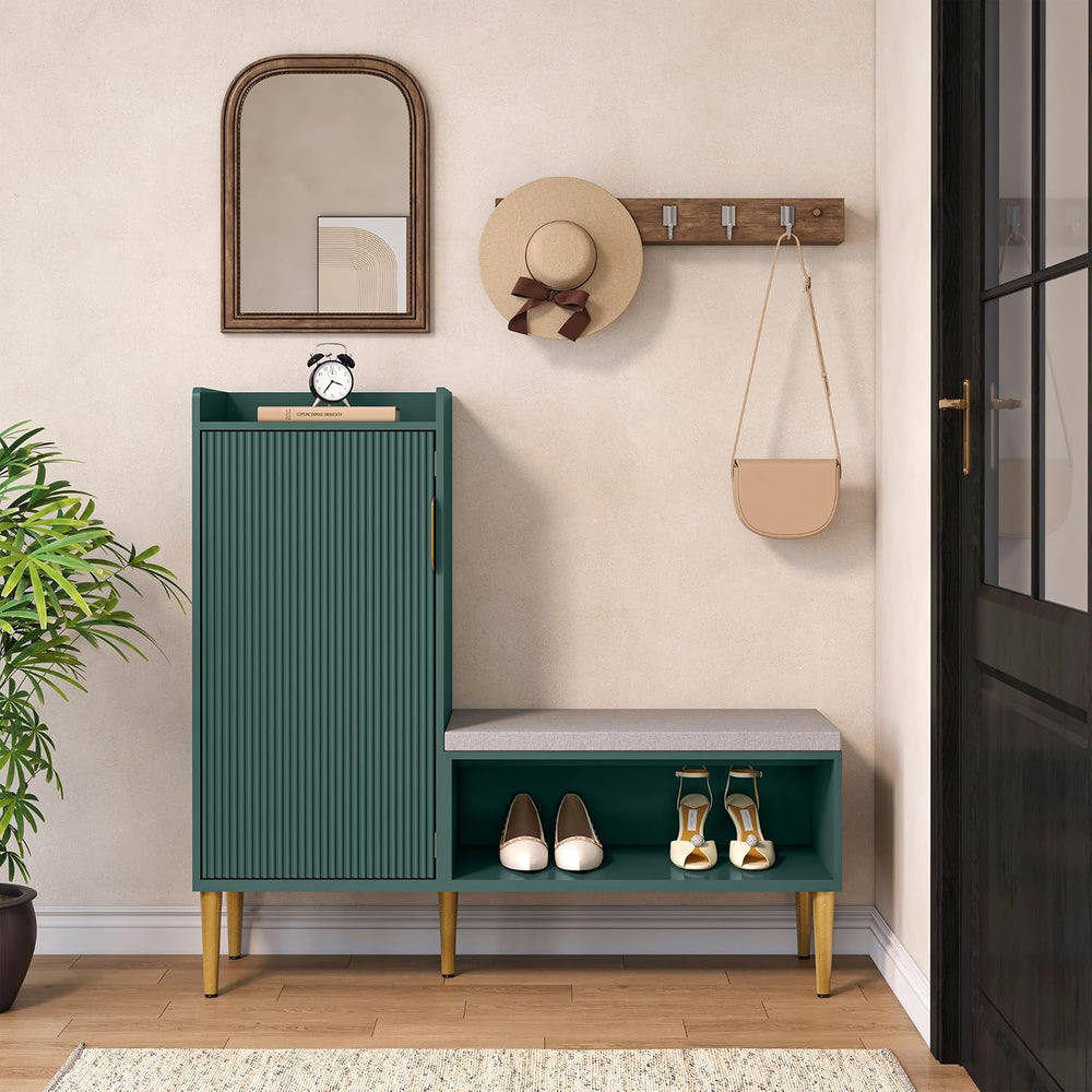 Storage Bench with Fluted Door&Shelf, Modern Entryway Bench with Padded S...