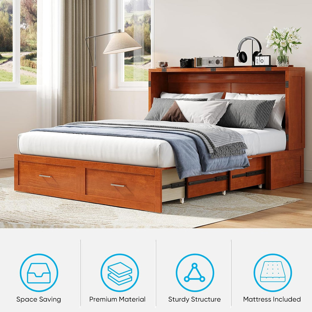 Mjkone 64" Width Murphy Cabinet Bed Queen Size with Foldable Mattress Included, Guest Murphy Beds with Drawers, Cube Cabinet Chest Wall Beds with USB Charging Station for Bedroom, Home Office, Cherry