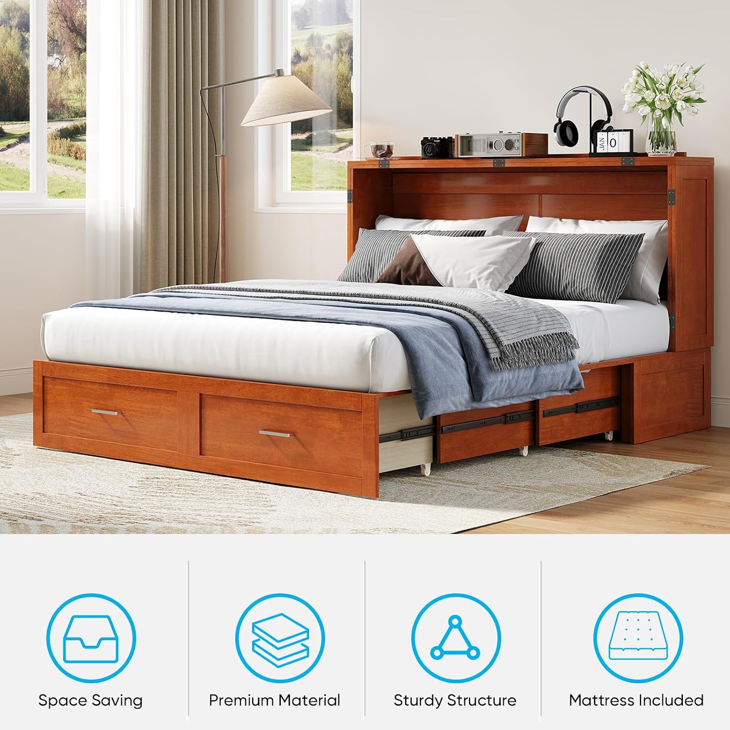 Mjkone 64" Width Murphy Cabinet Bed Queen Size with Foldable Mattress Included, Guest Murphy Beds with Drawers, Cube Cabinet Chest Wall Beds with USB Charging Station for Bedroom, Home Office, Cherry