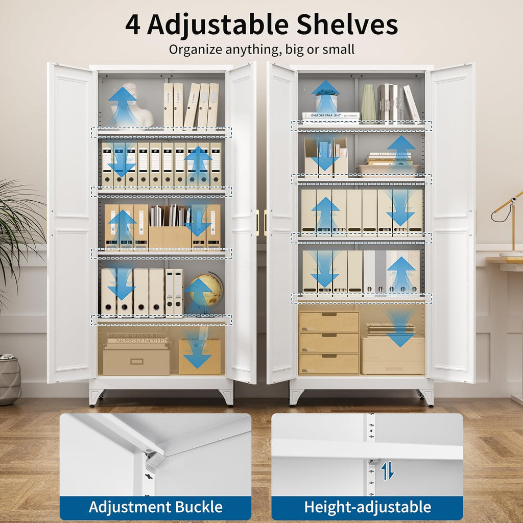 75" Tall White Metal Storage Cabinet with Doors, Heavy Duty | Freestanding Steel Kitchen Pantry Cabinet, 4 Adjustable Shelves (180 Lbs Load), Tall Cabinets for Home, Office and Garage