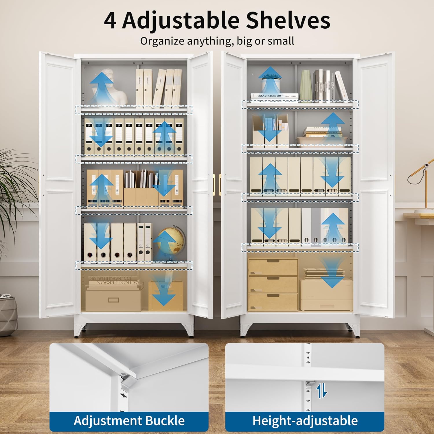 75" Tall White Metal Storage Cabinet with Doors, Heavy Duty | Freestanding Steel Kitchen Pantry Cabinet, 4 Adjustable Shelves (180 Lbs Load), Tall Cabinets for Home, Office and Garage