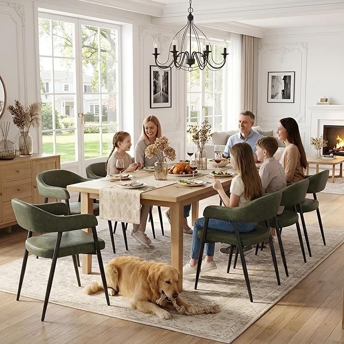 HNY Modern Dining Room Arm Chairs Set of 6, Green Retro Faux Leather Upholstered Barrel Dining Chairs with Arms Mid-Century Accent Chair with Metal Legs, Open-Back Kitchen Side Chairs for Living Room