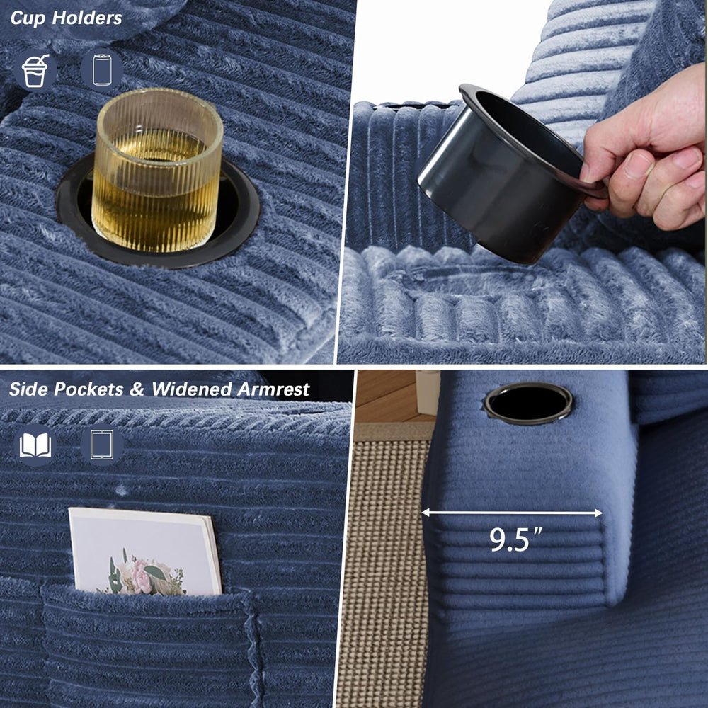 50" x 76" Corduroy Chaise Lounge Sofa Bed with Cup Holders, Blue | ...