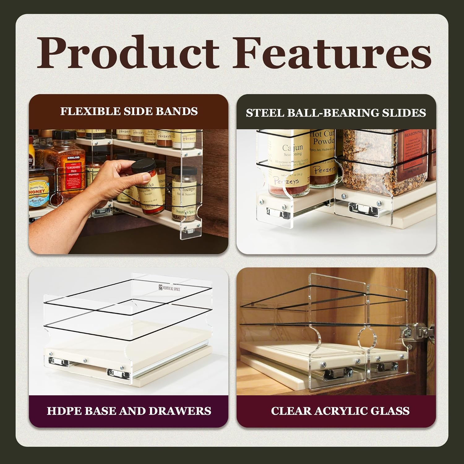 Heavy Duty Kitchen Spice Rack Storage - Pull Out Drawers For Kitchen Cabinets - Sliding Pantry Organizers - Seasoning Cabinet Pull Out Shelves - Made in USA - 5.75"W x 5.0"H x 10.6"D