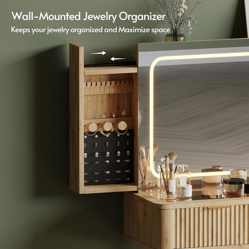 48"Wood Vanity with Clear Glass Top,Large Mirror and Lights,Natural Wood...