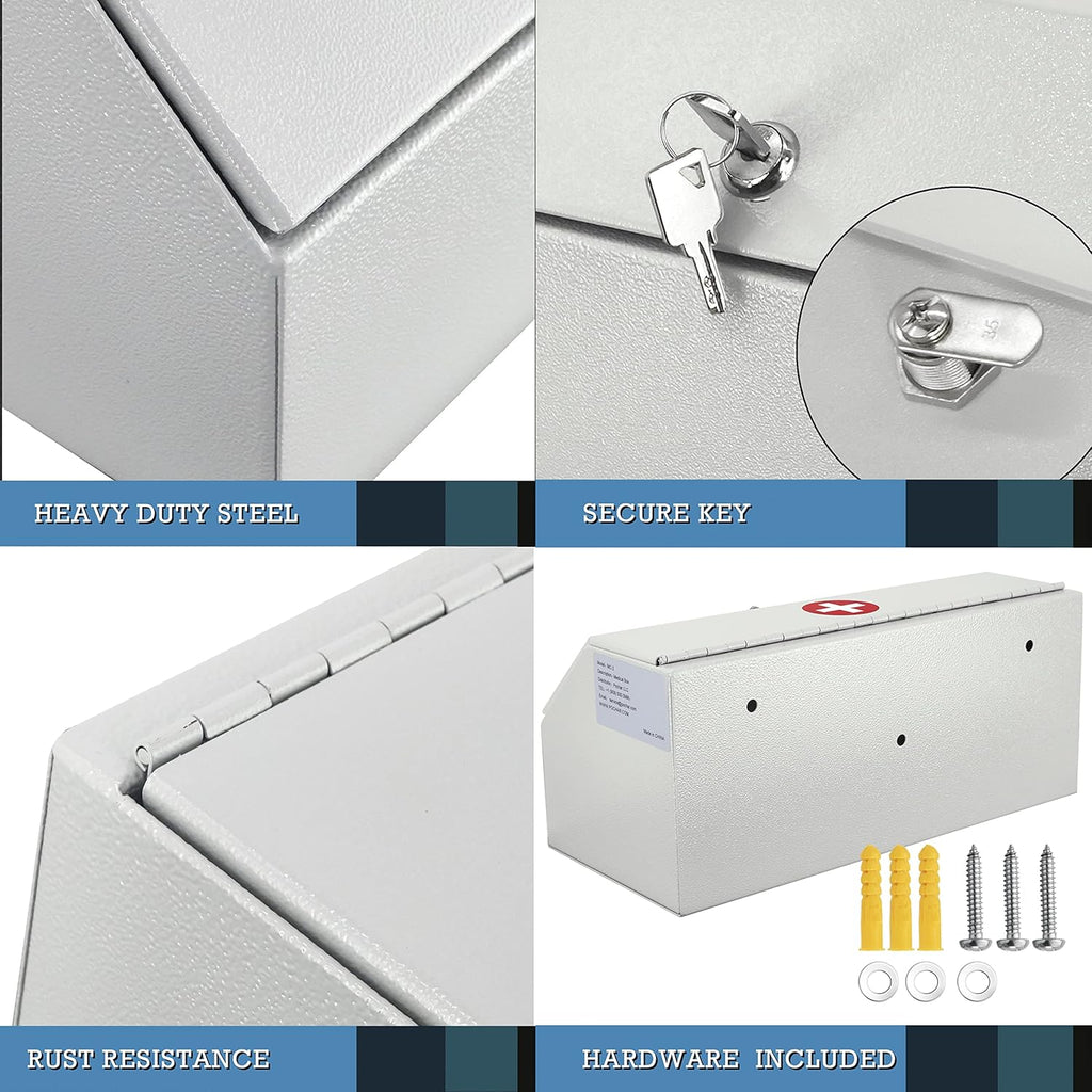 POCHAR Locking Medicine Box - Wall Mount Medicine Lock Box for Prescription Safe Storage - Steel First Aid Medicine Cabinet with Lock - Child-Proof Medication Secure Box for Home, School, Office