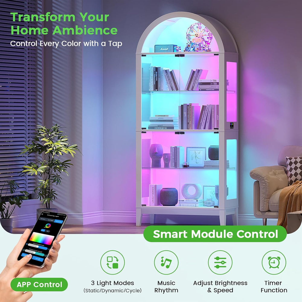 HNEBC Arched Display Case with RGB Lights, 69" Tall 5-Tier Tempered Glas...