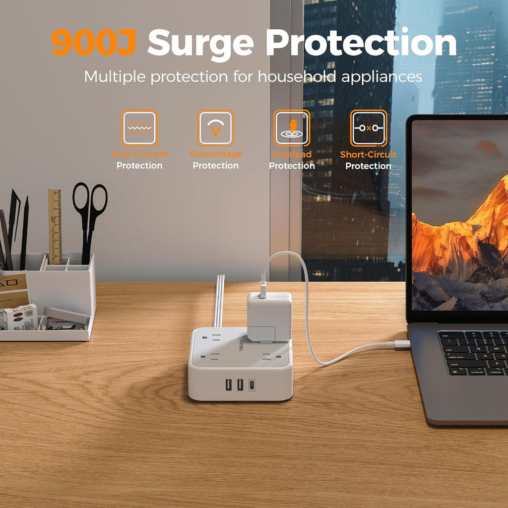 TESSAN Surge Protector Power Strip Flat Plug, Long Extension Cord 10 FT with 8 Outlets, 3 USB Ports(1 USB C), 3-Sided Outlet Extender, 900 Joules Protection, Desk Charging Station for Home, Office
