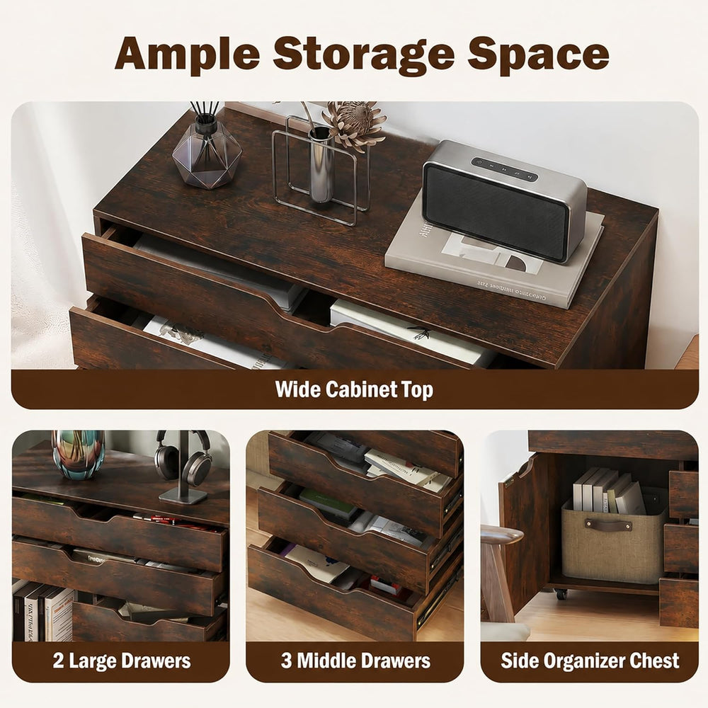 POWERSTONE Rolling File Cabinet 5-Drawer & One Side Door Storage Unit, Wo...