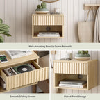 Small Floating Nightstand with Drawer, Modern Night Stand with Fluted Door and Open Storage Shelf Wall Mounted Bedside Table for Bedroom, Entryway Light Oak