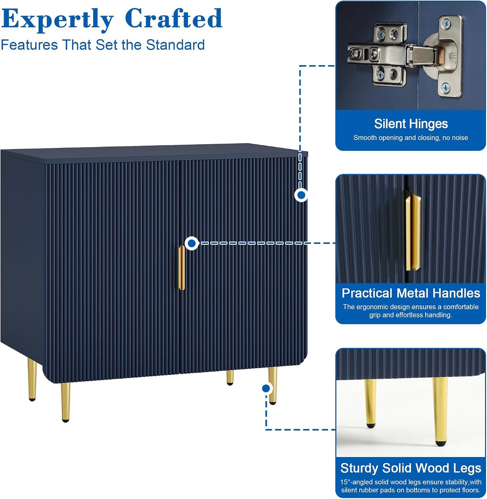 WelFurGeer Blue Fluted 2-Door Buffet Cabinet, Modern Coffee Bar & Sideboard