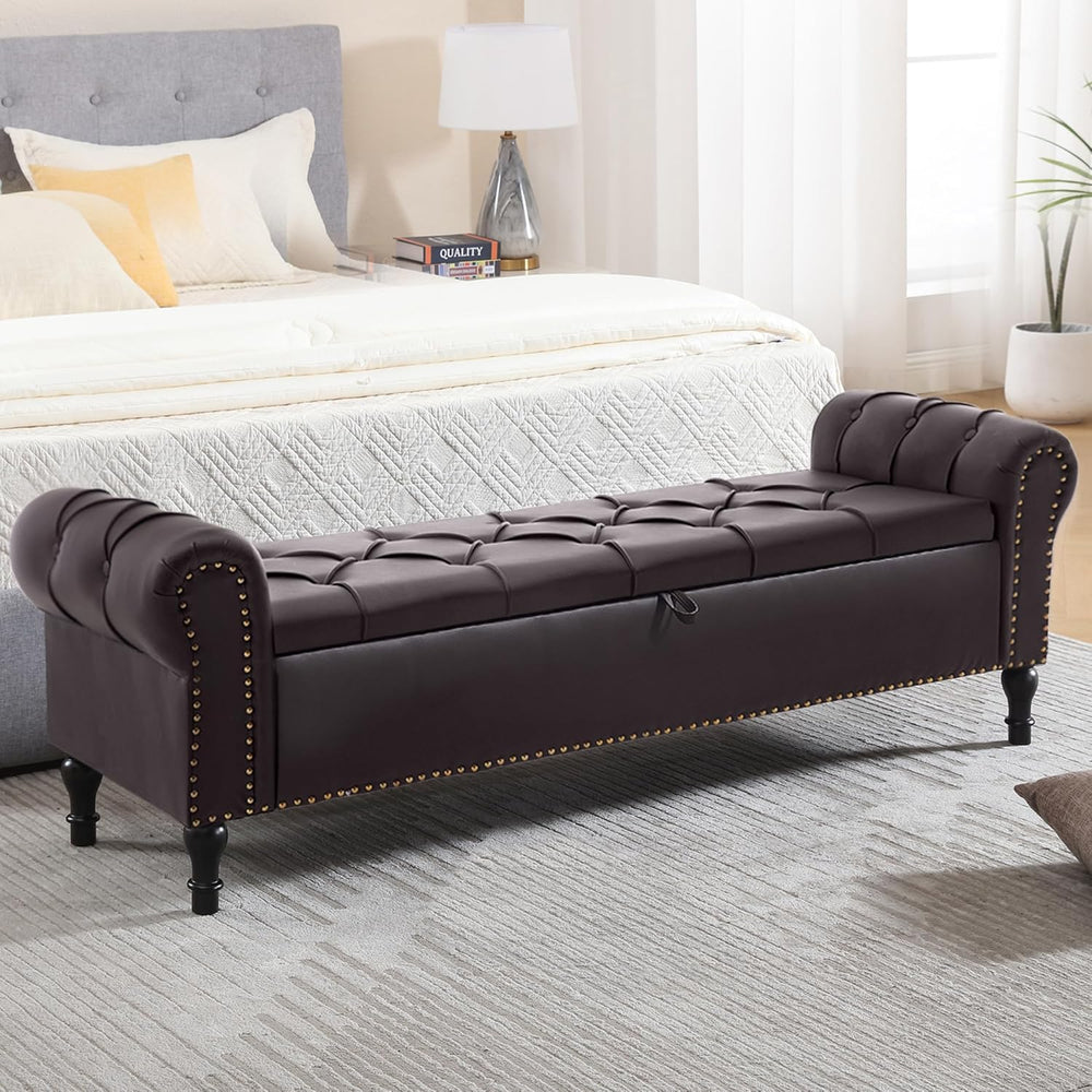 Faux Leather Storage Bench 67 Inch Upholstered Tufted Ottoman Bench with Arms...