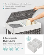 SONGMICS Laundry Hamper with Lid, 110L Clothes Hamper with 2 Removable Liner Bags, 6 Mesh Bags, Wicker Laundry Basket, Double Laundry Hamper for Bathroom, 13 x 22.4 x 23.6 Inches, Gray ULCB52WG