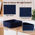 Large Shallow Organizing Baskets 15x11x5.1 Inches - Rope Woven Storage Bins for Bathroom, Shelves, Cube Closet, Navy Blue 3 Packs