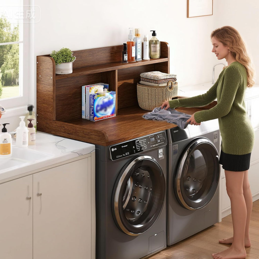 2-Tier Washer Dryer Countertop, 18.5" Raised Height Laundry Countertop with Edge Rails and Non-Slip Pad, 54"W x 27.55"D Washer and Dryer Topper for Laundry Room Storage Organization (Brown)