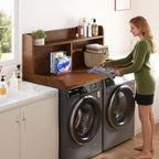 2-Tier Washer Dryer Countertop, 18.5" Raised Height Laundry Countertop with Edge Rails and Non-Slip Pad, 54"W x 27.55"D Washer and Dryer Topper for Laundry Room Storage Organization (Brown)