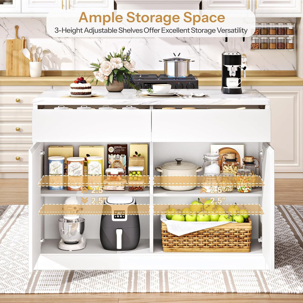 DynJest Kitchen Island with Storage, 47.2" Large Faux Marble Countertop ...