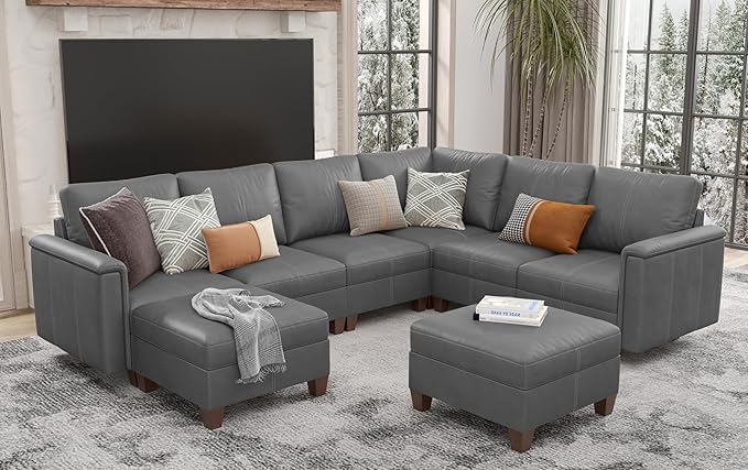 SITJOY 118" Faux Leather Modular Sectional Sofa with Storage, Mid Century Modern Sectional Couches for Living Room, 6 Seater V Shaped Couch with Chaise, Gray