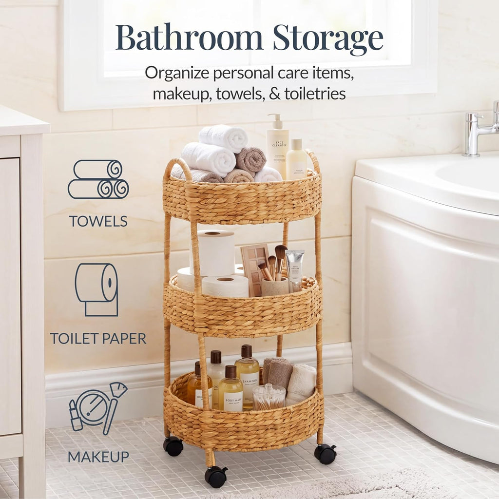 Best Choice Products 3-Tier Round Rolling Nursery Caddy w/Wheels, Handwoven Utility Cart, Storage Organization for Bathroom, Craft Room, Laundry Room - Natural