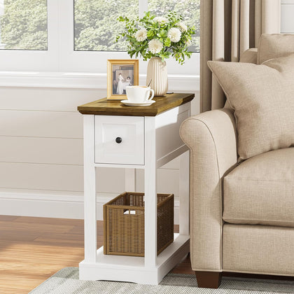 Side Table Set of 2, Side Table with Storage, Farmhouse End Table, Thicken Base, Nightstand with Charging Station, for Living Room, Bedroom, Rustic Brown and White
