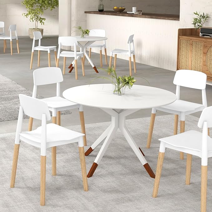 Giantex Modern Dining Chairs Set of 4, Plastic Dining Side Chair Set w/Sturdy Wooden Legs, Wide Seat & Ergonomic Backrest, Armless Kitchen Chairs for Dining Room Living Room Restaurant Cafe (White)