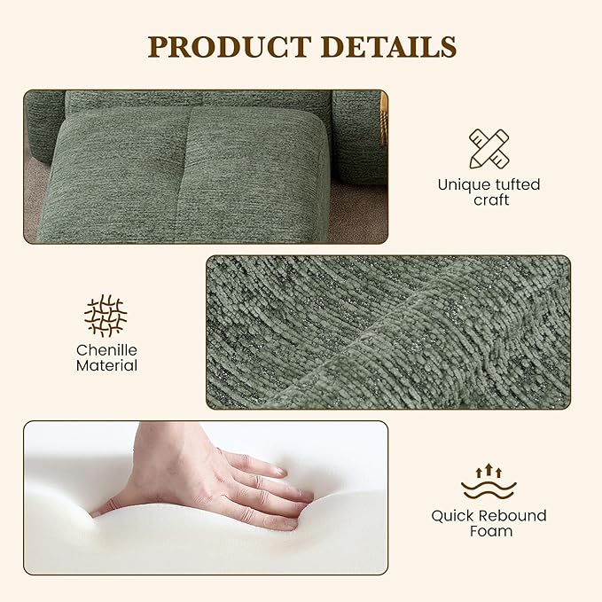 158" U Shaped Convertible Modular Couch, Cloud Couch Sectional with Ottoman, 6-Seater Chenille Boneless Couches for Living Room, Apartment, No Assembly, Green 1PCS