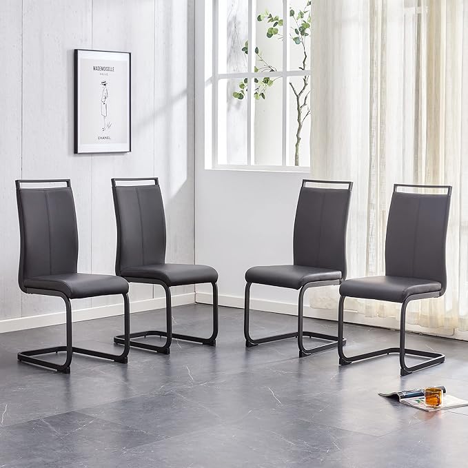 AZmac Modern Leather Dining Chairs Set of 4,Armless Kitchen Chairs,Dining Room Chairs with Upholstered Padded Seat and Sturdy Chrome Legs for Dining Room,Kitchen (Set of 4, Black-Black Leg)