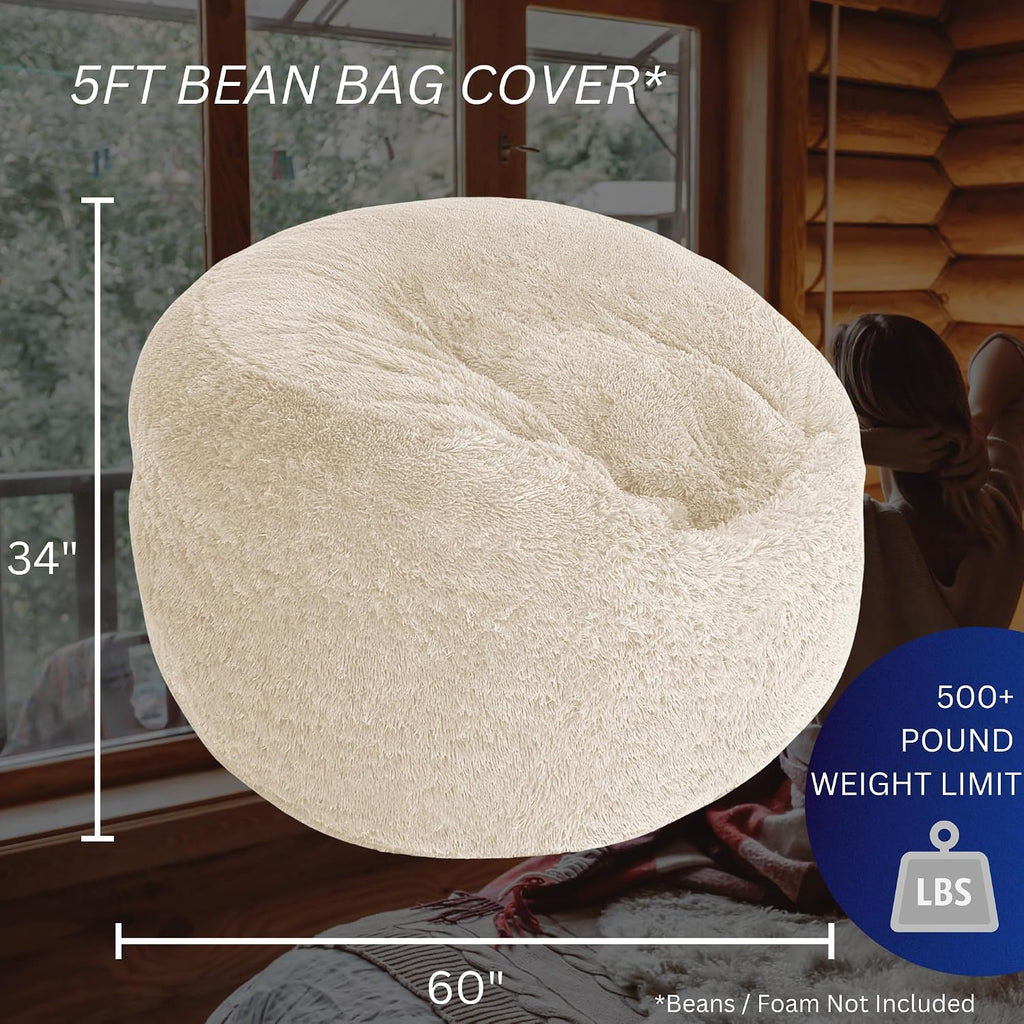 Fluffy Bean Bag Chair Cover for Adults Teens or Kids, xl Faux Fur Stuffed Animal Storage (Beige, 5 ft (Cover Only))