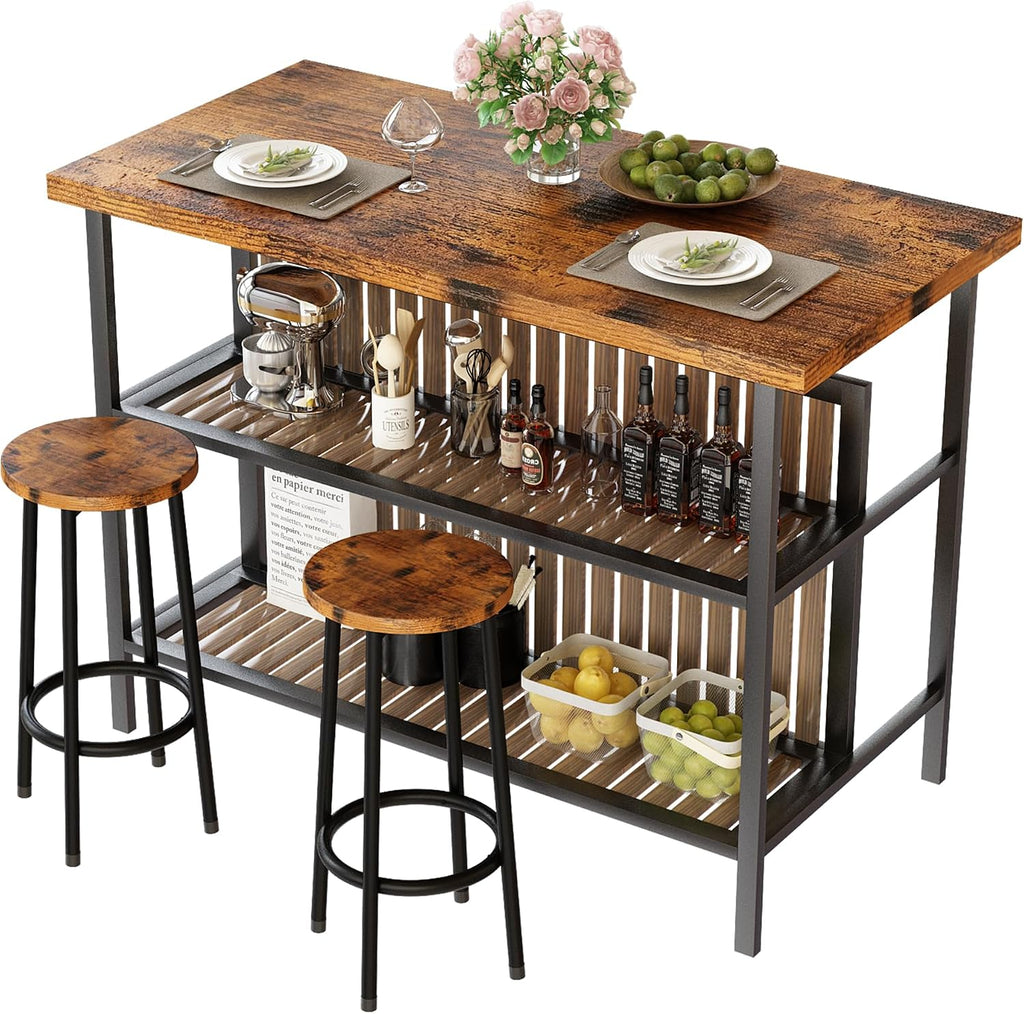 AWQM Kitchen Island with Seating & Storage Shelf, Modern Bar Table and Chairs Set for 2, Wooden Island Table for Kitchen, Dining Table Set for Small Space, Walnut Color