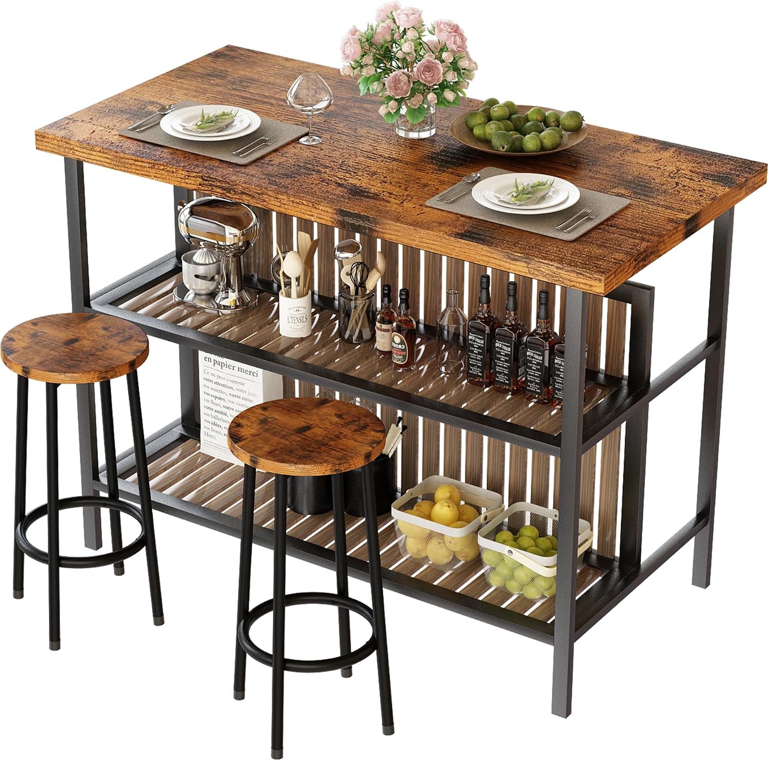AWQM Kitchen Island with Seating & Storage Shelf, Modern Bar Table and Chairs Set for 2, Wooden Island Table for Kitchen, Dining Table Set for Small Space, Walnut Color
