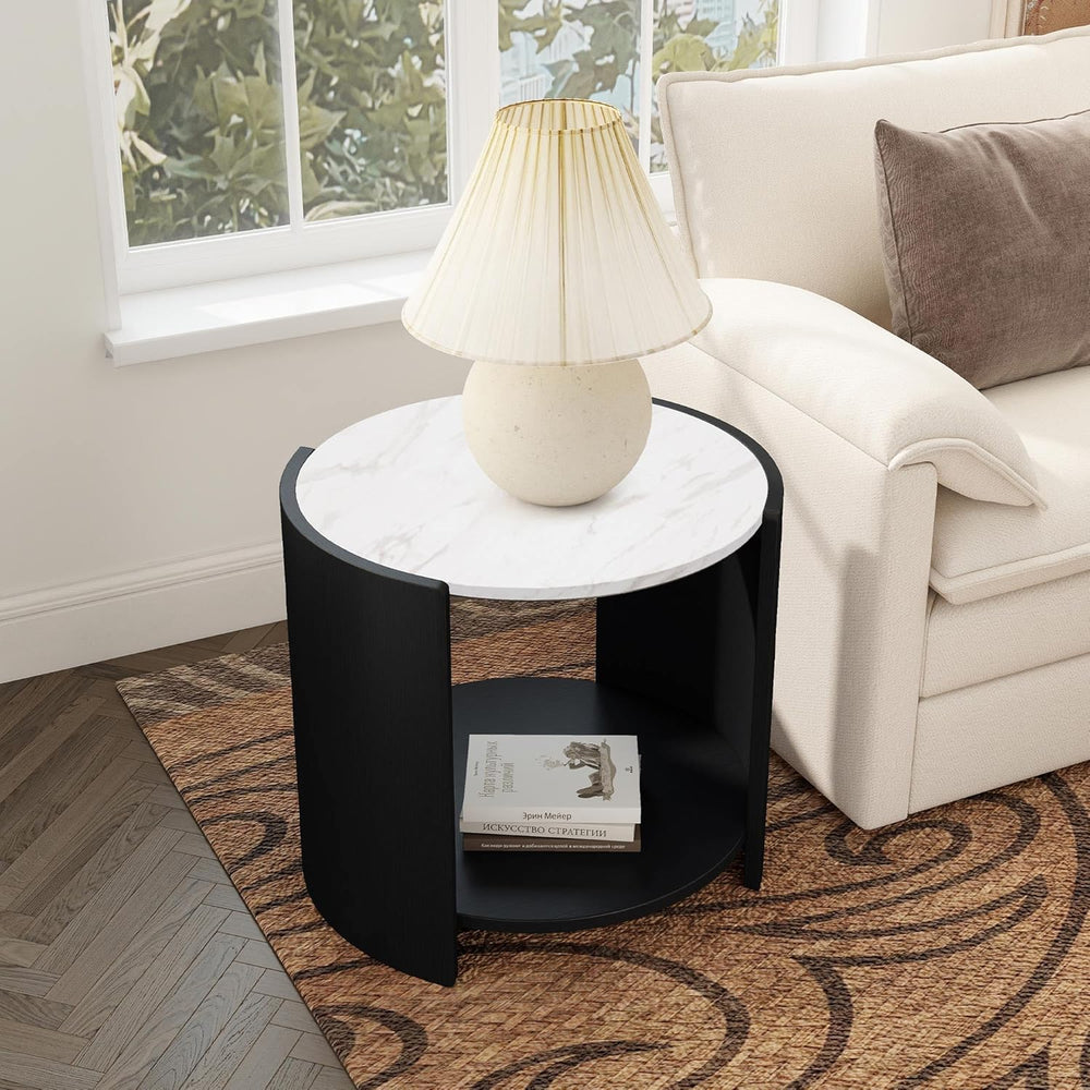 DDAYALANE Farmhouse Wooden Bedside Table for Living Room, White Faux Marble T...