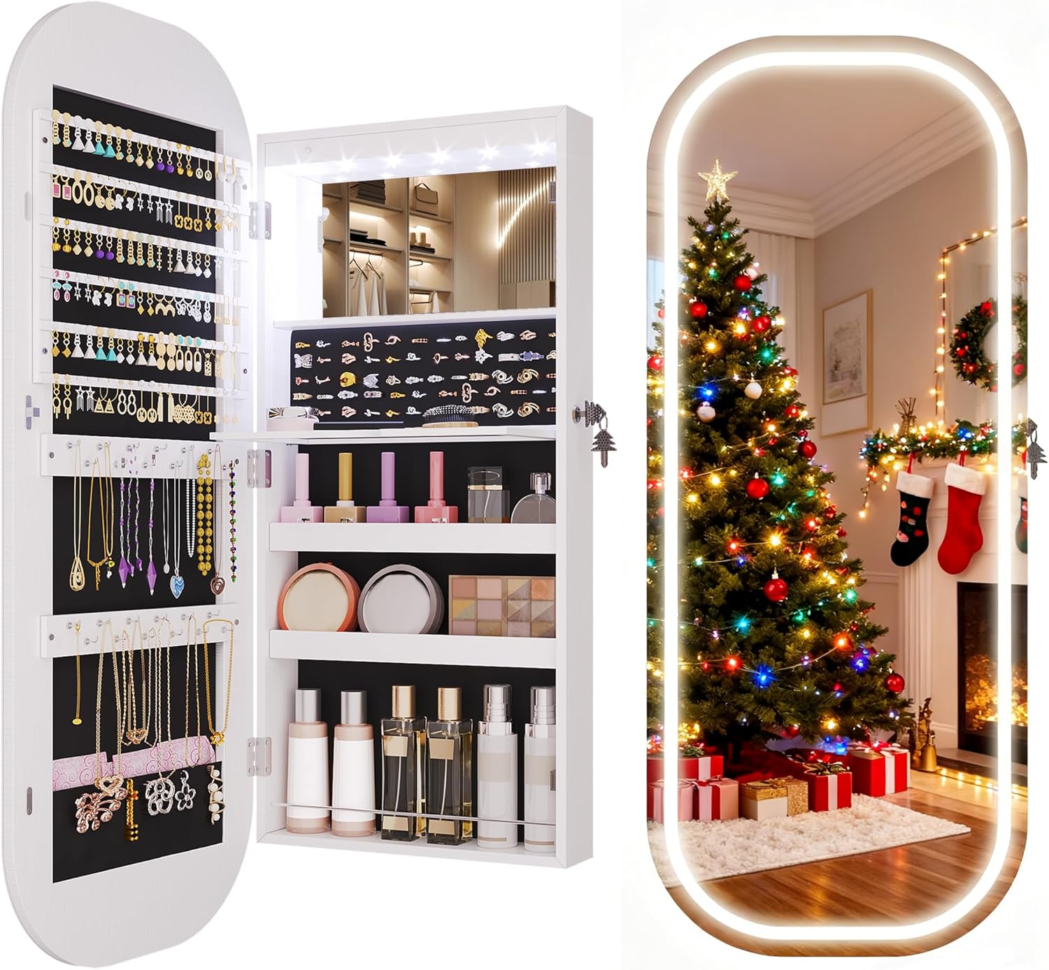 LVSOMT LED Mirror Jewelry Cabinet, Wall/Door Mount Jewelry Mirror Organizer, Rounded Full Length Mirror with Storage, Lockable Jewelry Armoire, 16" Wide, Foldable Shelf, Interior Mirror, White