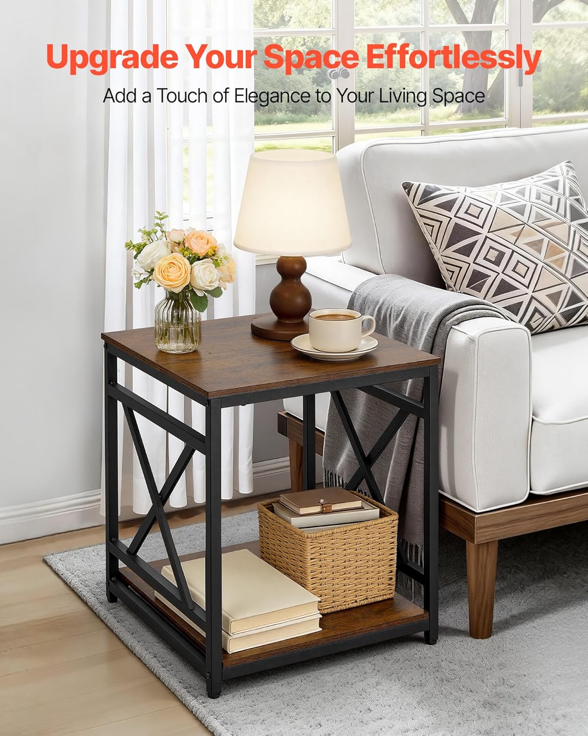 VEVOR End Table 18" Square, 2-Tier Side Table with Open Storage Shelves, Industrial Nightstand Bedside Table with Metal Frame & Wood Top, Small Sofa Table for Living Room, Bedroom, Office, Dorm