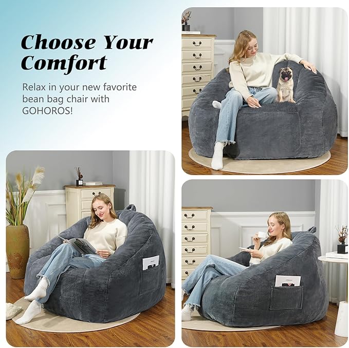 Giant Bean Bag Chair for Adults and Kids, BeanBag Couch Filler with Memory Foam, Ergonomic Faux Fur Shell-Shaped Boneless Chair and Reading Living Room, Bedroom, Grey
