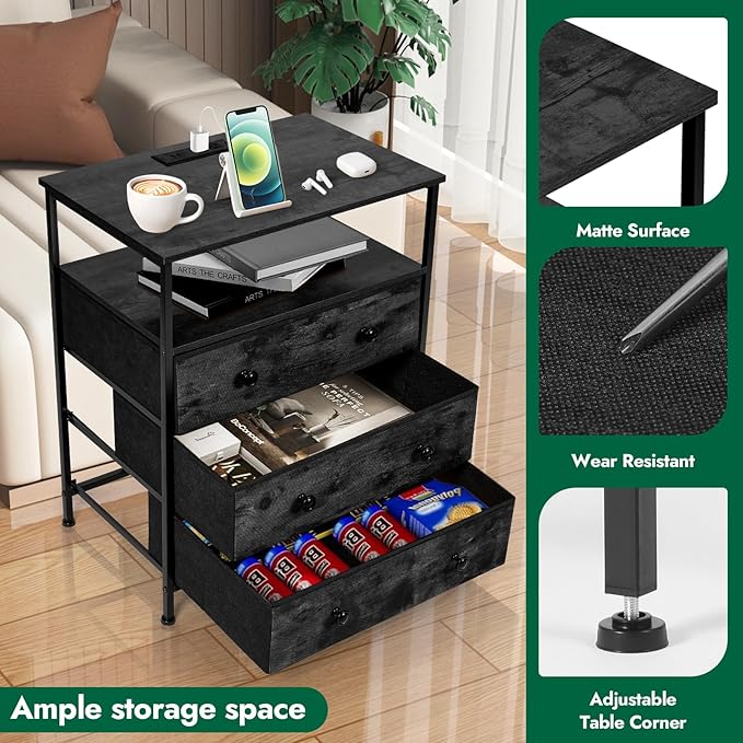 3 Drawers Dresser with Charging Station, 24 Inch Wide LED Night Stand with Ad...