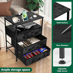 3 Drawers Dresser with Charging Station, 24 Inch Wide LED Night Stand with Adjustable Fabric Drawer, Nightstand with Storage Shelf for Living Room/Bedroom/Office, Black.